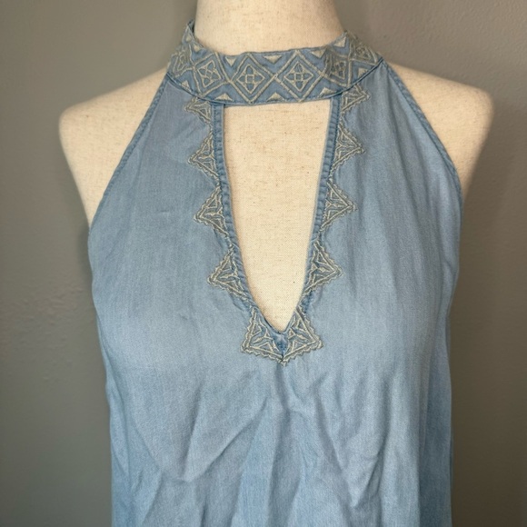 Blu Pepper Light Blue Lyocell Halter Midi Dress Embroidered Boho Resort M - Picture 2 of 8